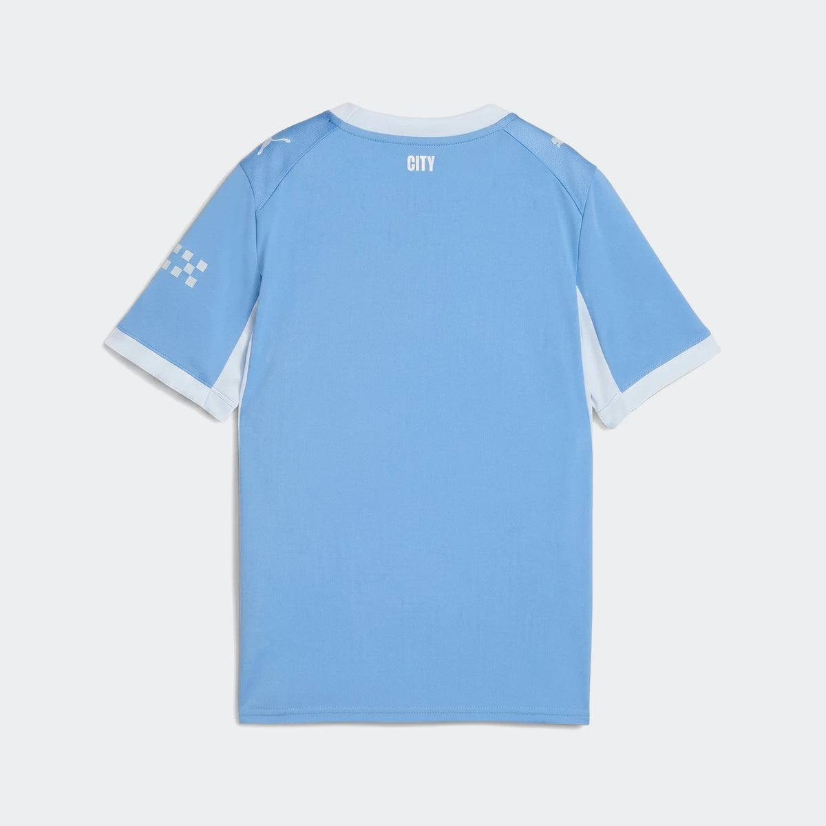 Light blue Manchester City 26/27 Home Jersey Youth, shown from the back, with white trim, 'CITY' branding, and sleeve detail.