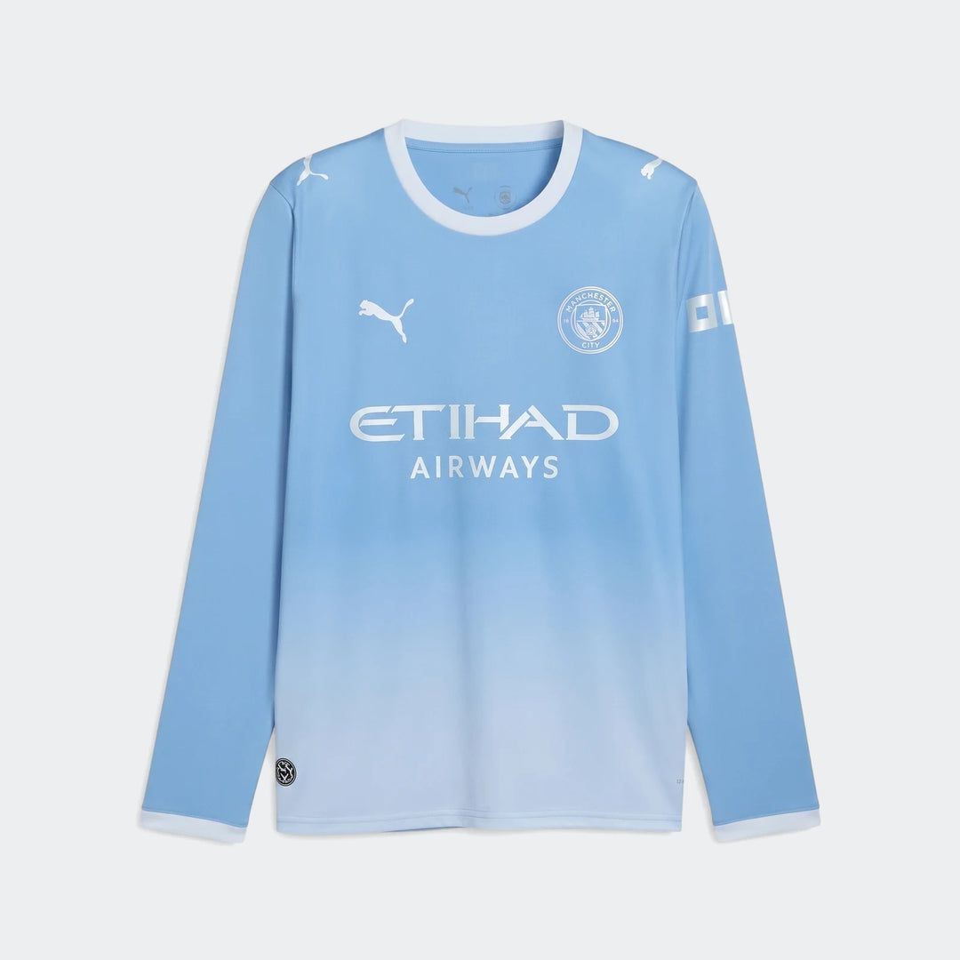 Manchester City 26/27 Home Long Sleeve Jersey for men, featuring a light blue gradient design with white trim and sponsor