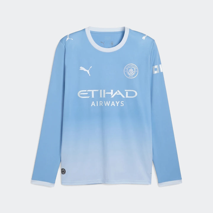 Manchester City 26/27 Home Long Sleeve Jersey for men, featuring a light blue gradient design with white trim and sponsor