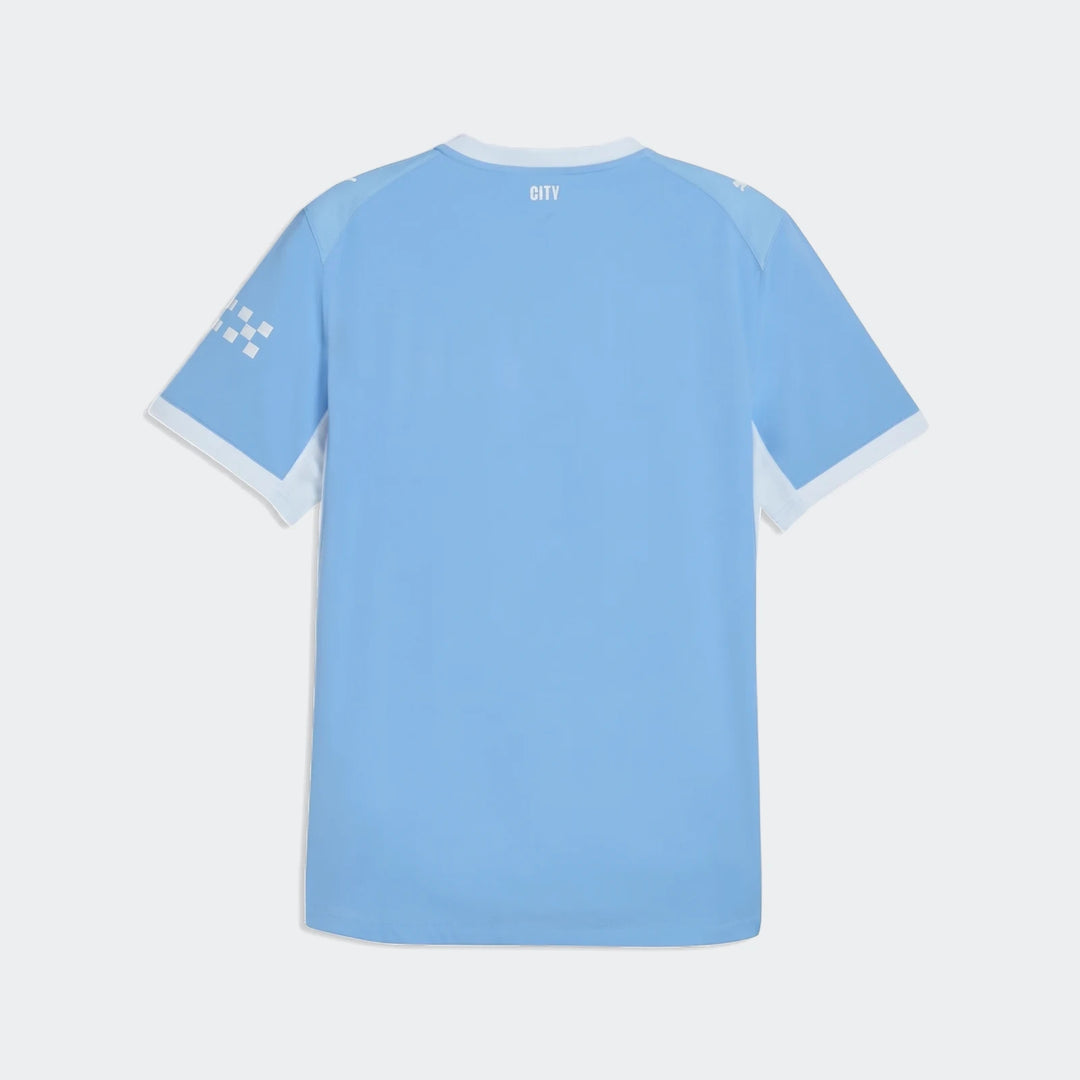 Back view of a light blue Manchester City Home Authentic Jersey for men with white trim and collar detail.