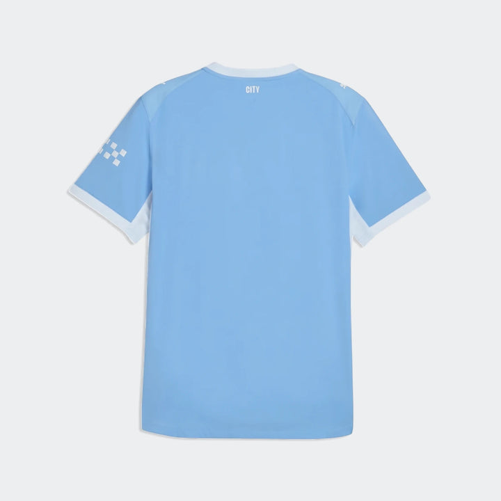 Back view of a light blue Manchester City Home Authentic Jersey for men with white trim and collar detail.