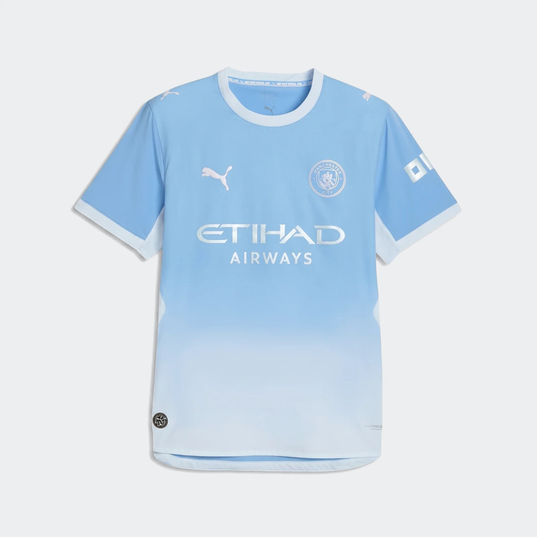 Men's Manchester City home authentic football jersey in light blue to white gradient, featuring short sleeves and sponsor