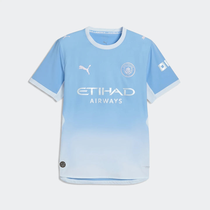 Men's Manchester City home authentic football jersey in light blue to white gradient, featuring short sleeves and sponsor