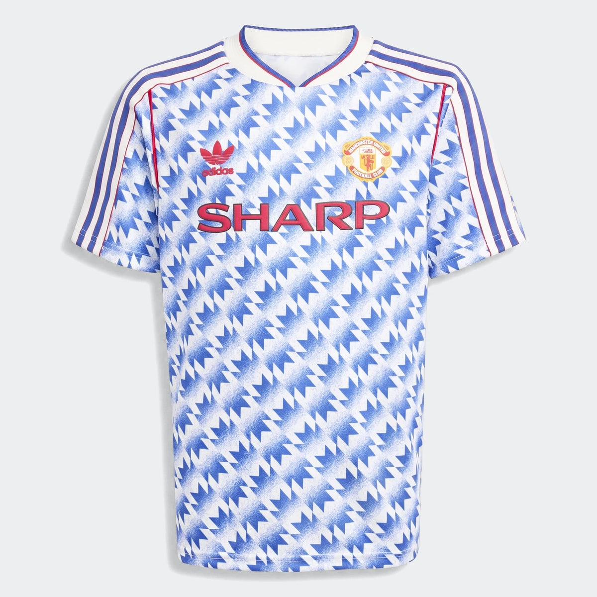 Manchester United 1990 Away Jersey Kids in blue and white zigzag pattern, short sleeve football shirt front view.