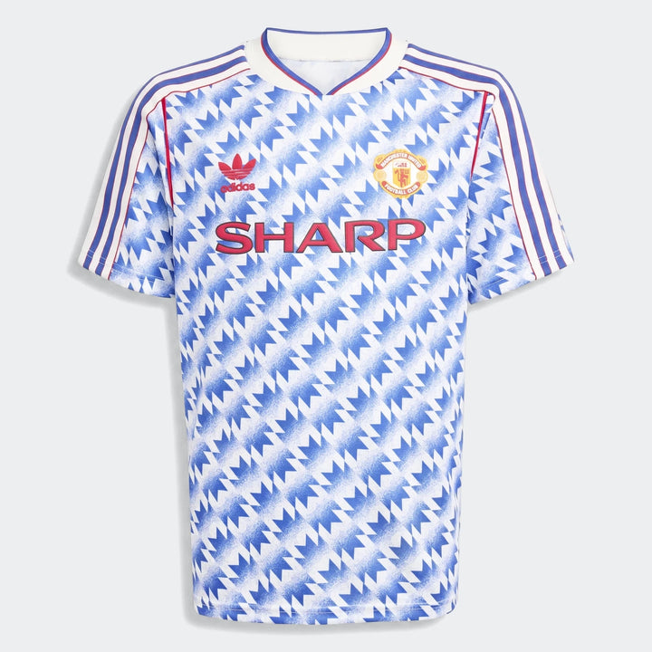 Manchester United 1990 Away Jersey Kids in blue and white zigzag pattern, short sleeve football shirt front view.