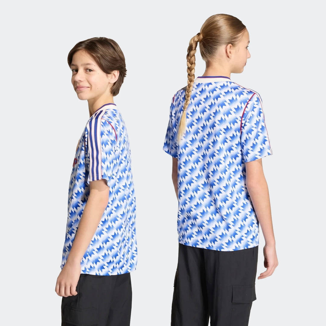 Manchester United 1990 away jersey kids in blue and white zigzag print, short sleeves, side and back view