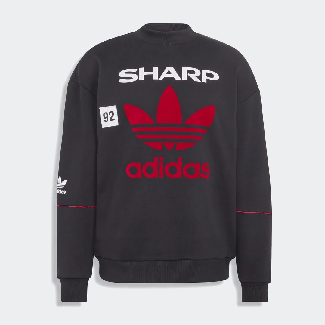 Manchester United 1990 sweatshirt, black crewneck with red adidas trefoil and Sharp logo, front view.