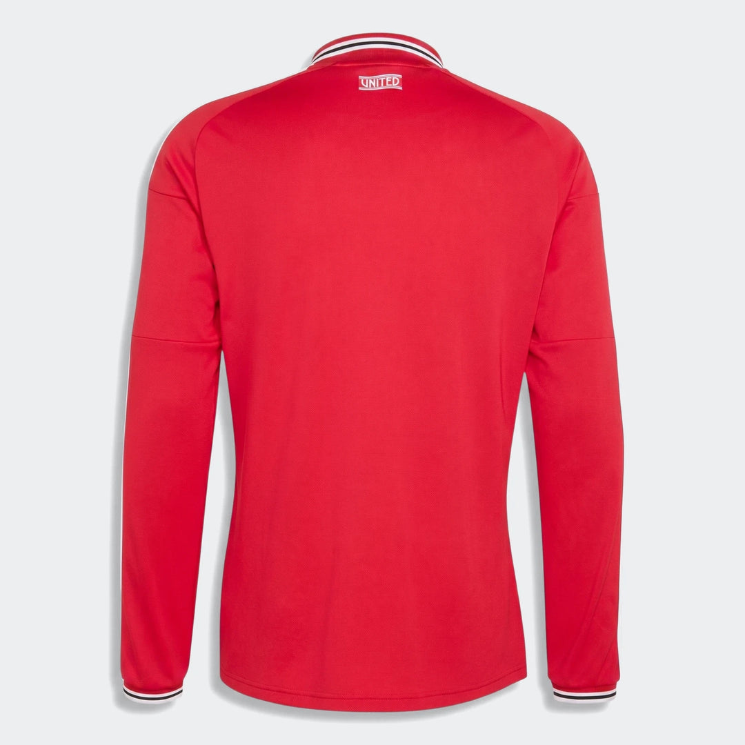 Back view of Manchester United 26/27 Authentic Long Sleeve Home Jersey in red with striped collar and cuffs.