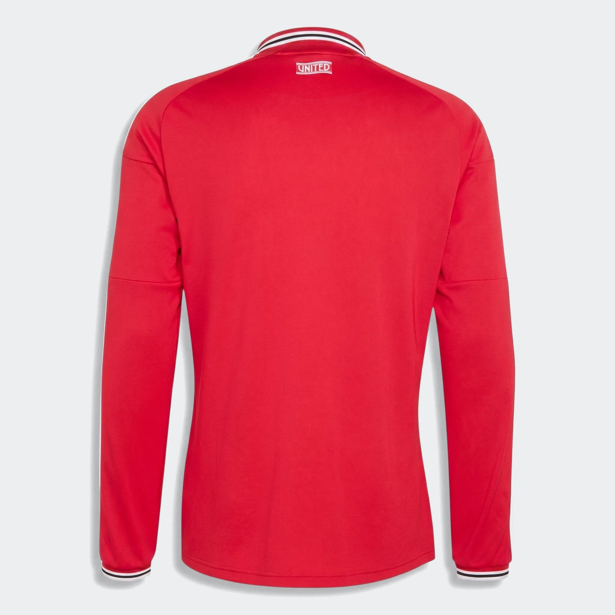 Back view of Manchester United 26/27 Authentic Long Sleeve Home Jersey in red with striped collar and cuffs.