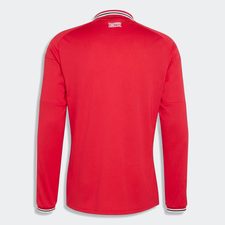 Back view of Manchester United 26/27 Authentic Long Sleeve Home Jersey in red with striped collar and cuffs.
