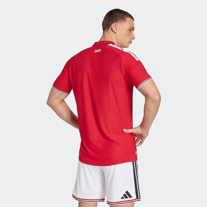 Manchester United 26/27 Authentic Home Jersey in red, back view with white shoulder stripes and ribbed collar.