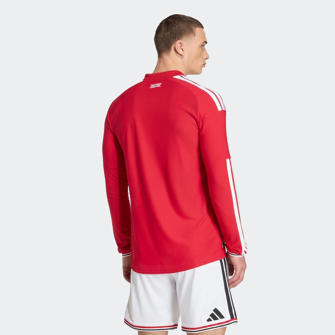 Back view of Manchester United 26/27 Authentic Long Sleeve Home Jersey in red with white shoulder stripes.