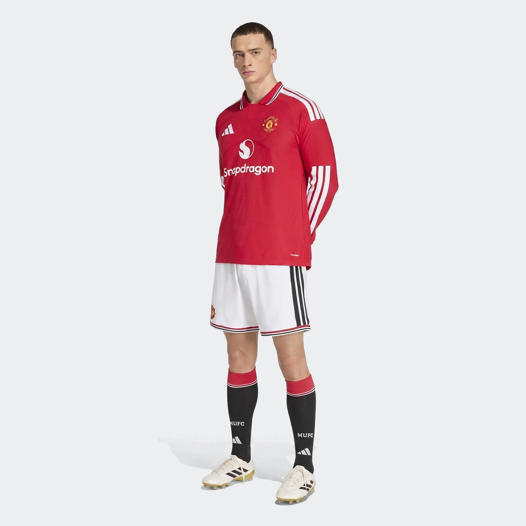 Manchester United 26/27 Authentic Long Sleeve Home Jersey in red with white shoulder stripes, front view.