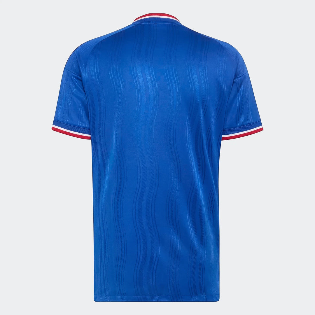 Authentic Manchester United 26/27 Away Jersey, back view, in blue with red and white trim on the collar and short sleeves.
