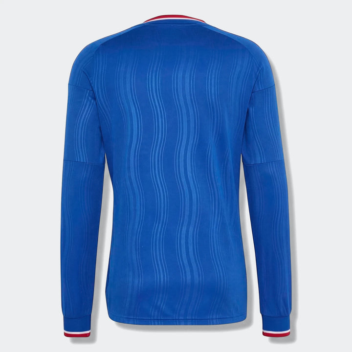Back view of a blue Manchester United 26/27 Away Longsleeve Jersey with red and white trim on the collar and cuffs.