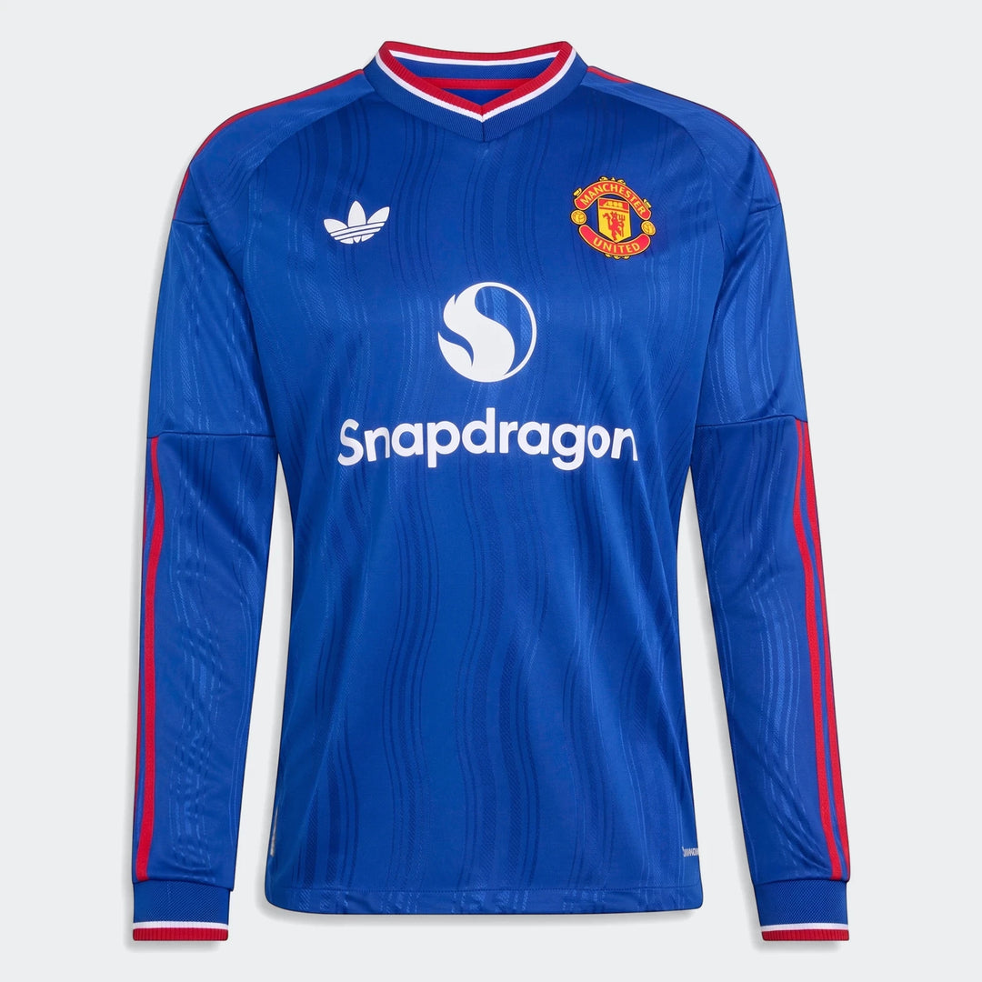 Manchester United 26/27 Away Authentic Long Sleeve Jersey in royal blue with red and white trim, featuring team crest and