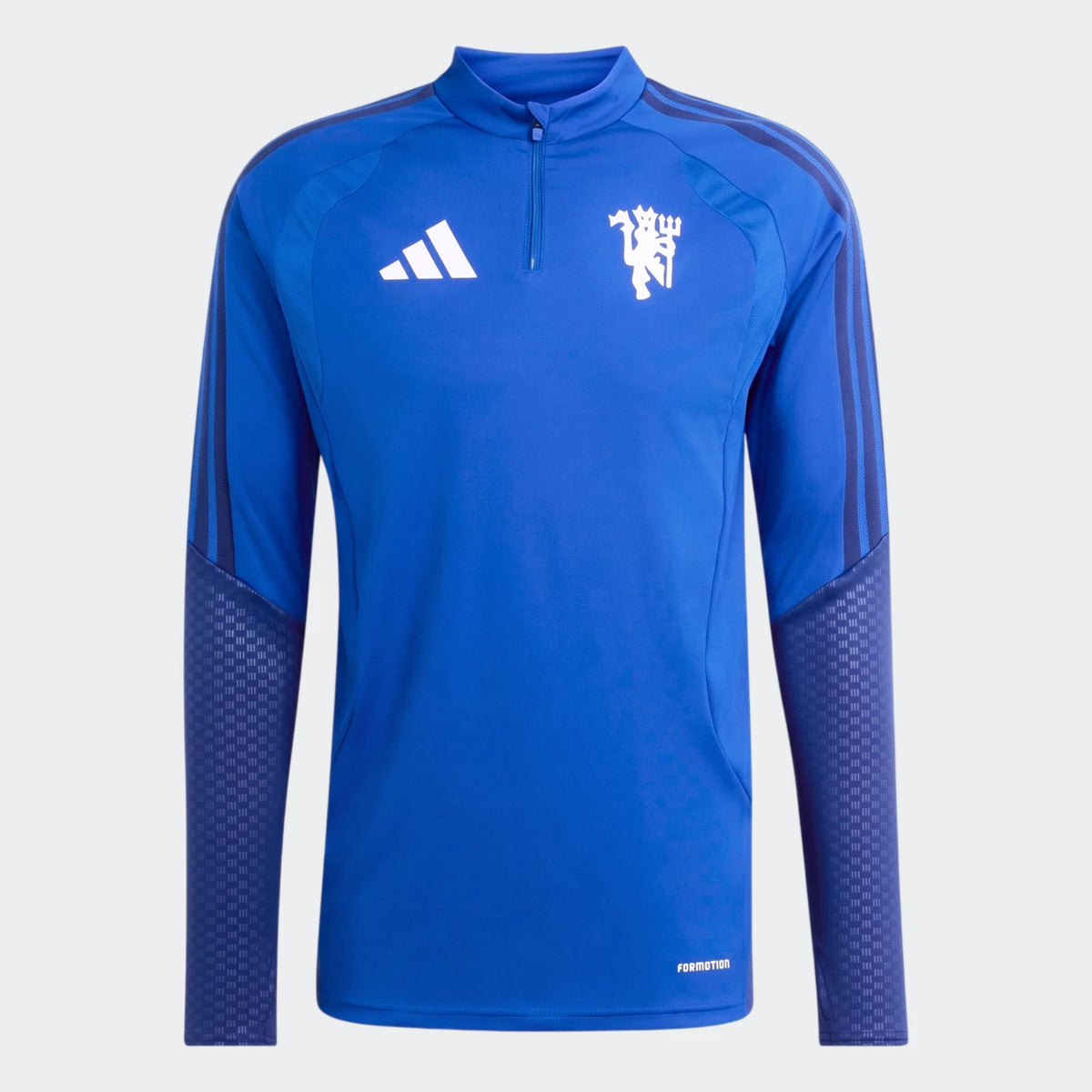 Front view of the official blue Manchester United 26/27 Cup Tiro Training Top with a quarter-zip and long sleeves.