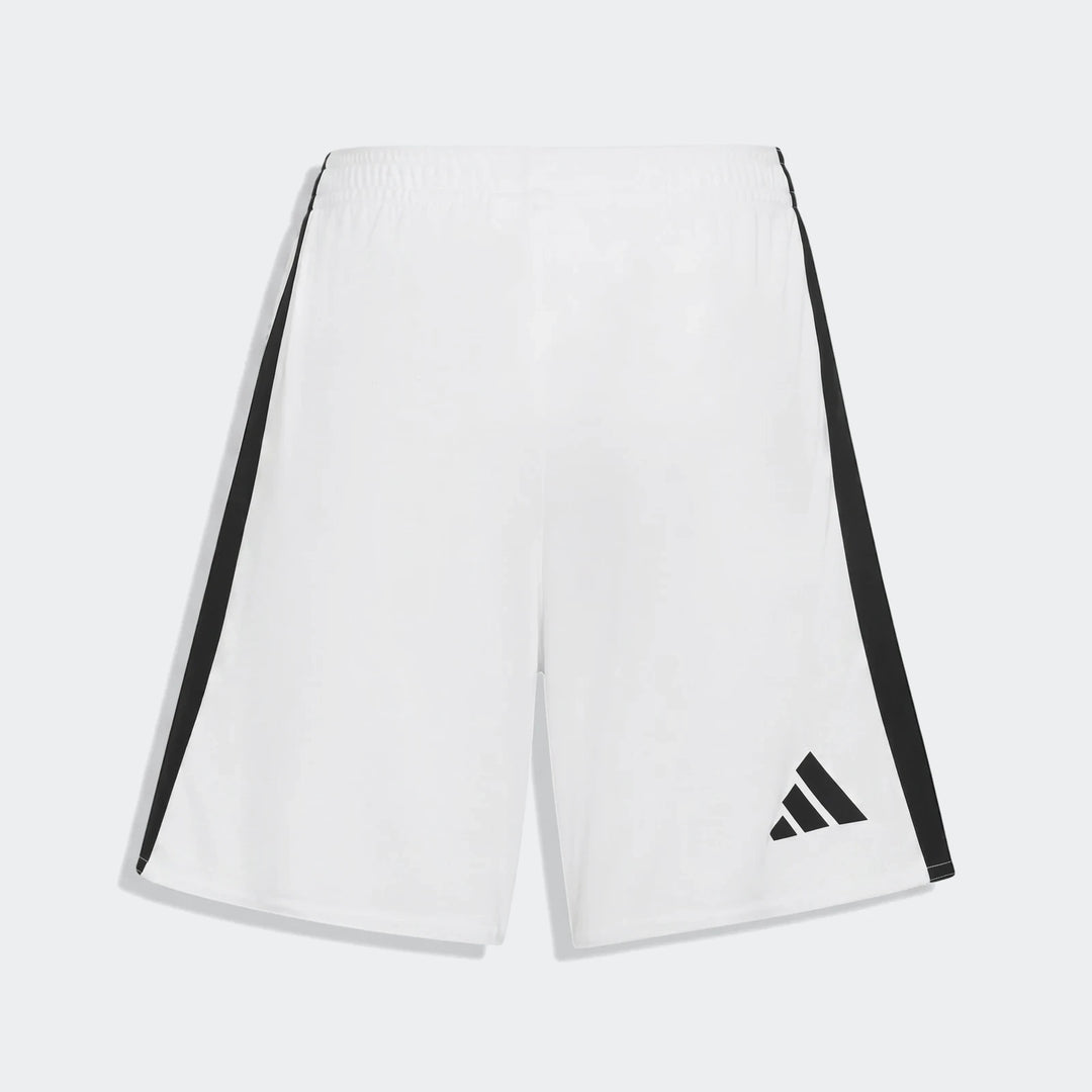 White Manchester United 26/27 home football shorts with black side stripes and logo, front view, isolated.