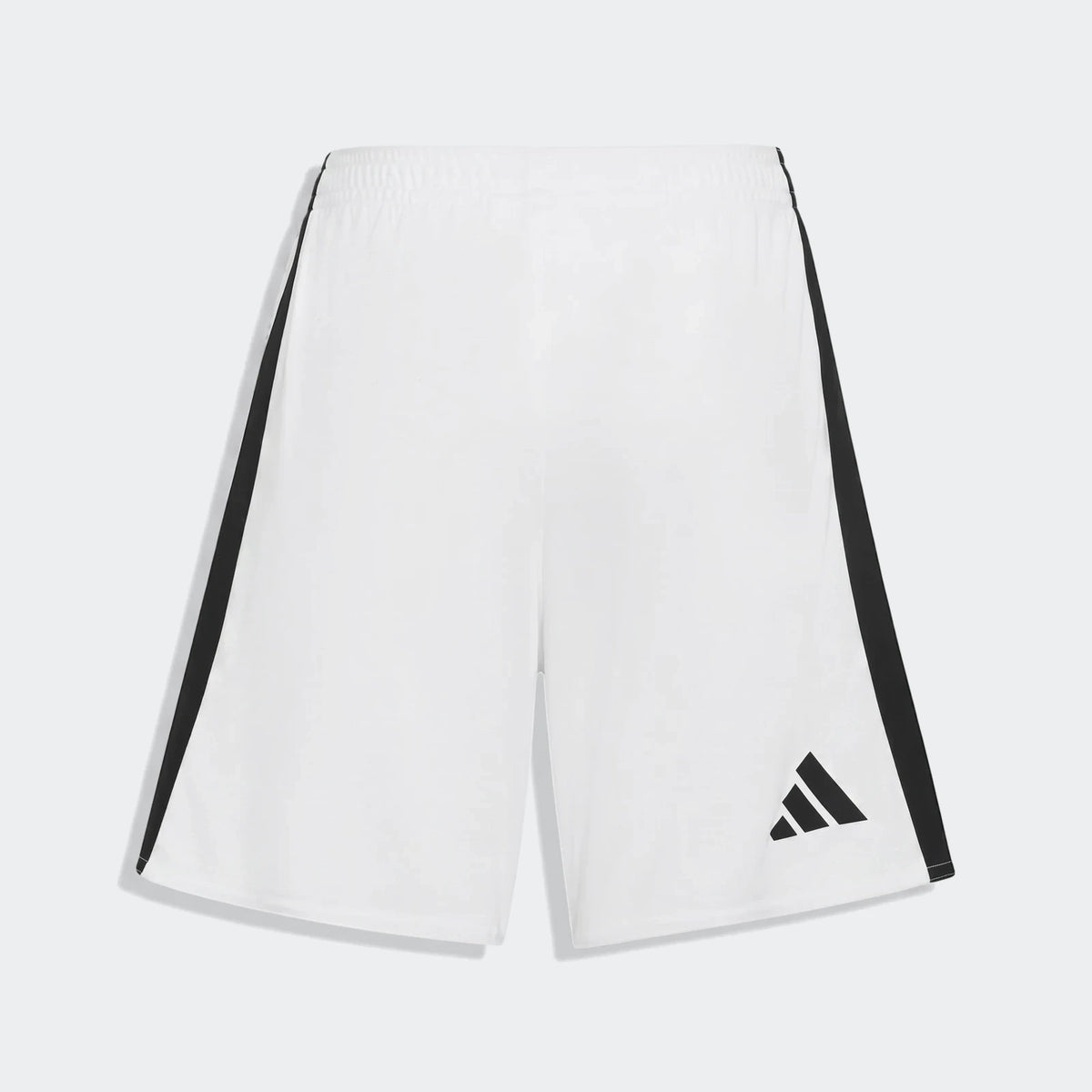 White Manchester United 26/27 home football shorts with black side stripes and logo, front view, isolated.