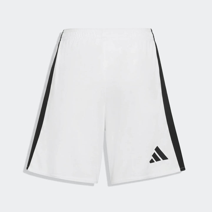 White Manchester United 26/27 home football shorts with black side stripes and logo, front view, isolated.