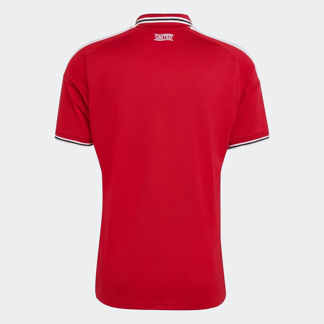 Manchester United 26/27 Home Jersey, back view in red with white and black trim collar and sleeve cuffs.