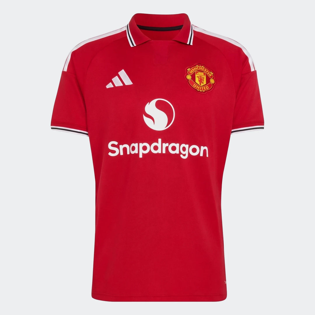 Manchester United 26/27 Home Jersey in red, short sleeve with polo collar and club crest on front view