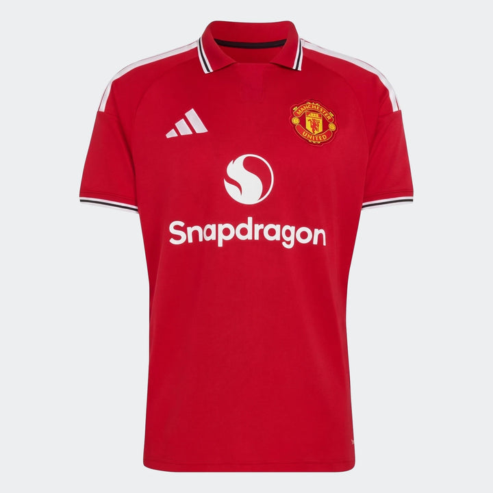 Manchester United 26/27 Home Jersey in red, short sleeve with polo collar and club crest on front view
