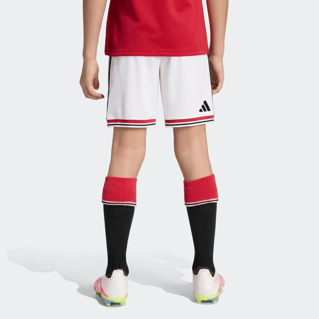 Back view of Manchester United 26/27 Home Shorts Youth in white with red and black hem stripes and logo