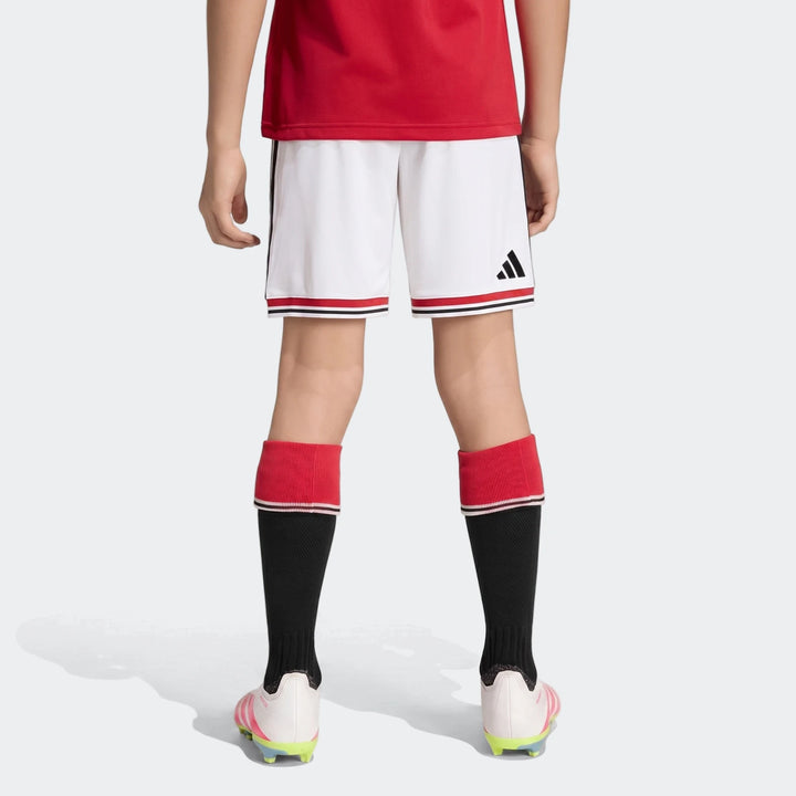 Back view of Manchester United 26/27 Home Shorts Youth in white with red and black hem stripes and logo