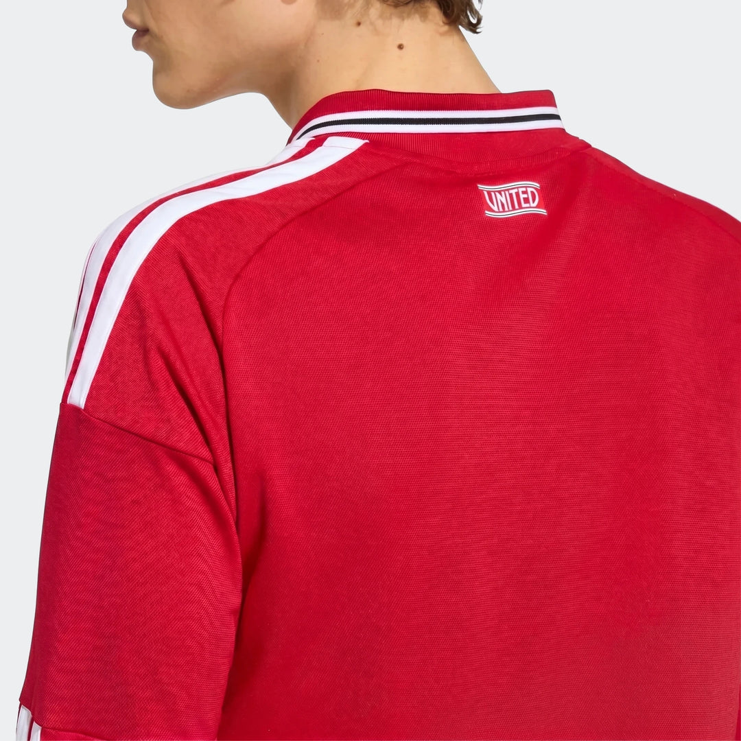 Manchester United 26/27 Long Sleeve Home Jersey in red, back view with white shoulder stripes and ribbed collar.