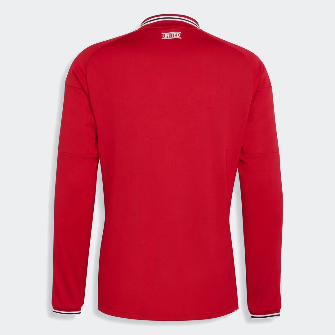 Manchester United 26/27 long sleeve home jersey, red knit back view with striped collar and cuffs.