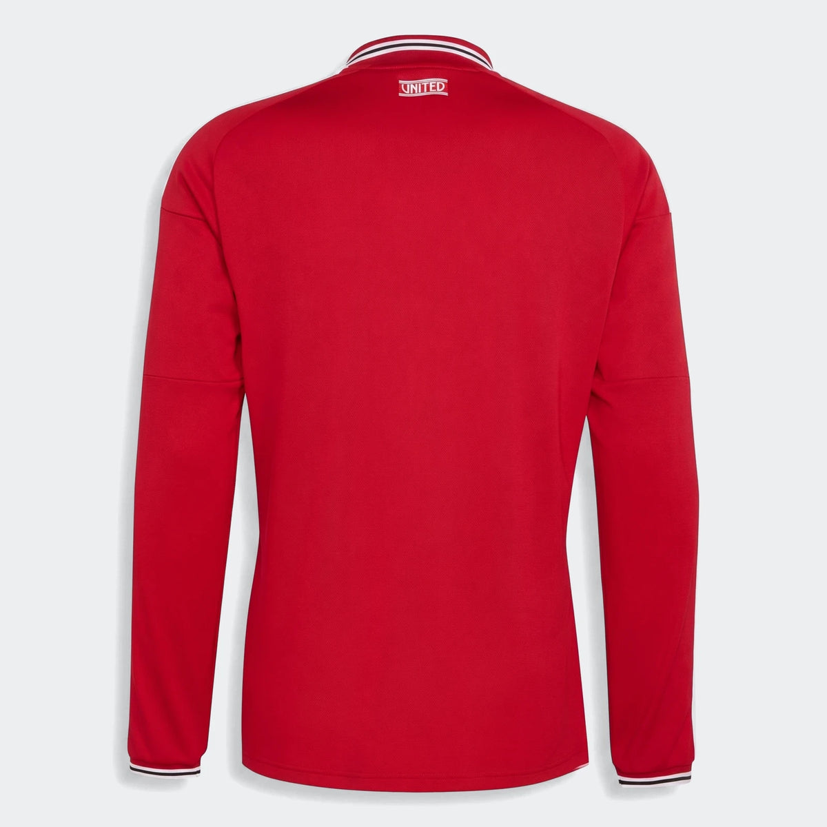 Manchester United 26/27 long sleeve home jersey, red knit back view with striped collar and cuffs.