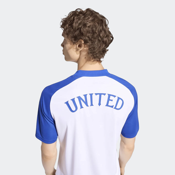 Manchester United 26/27 Pre Match Jersey, men's white and blue short-sleeve, back view with 'UNITED' logo.