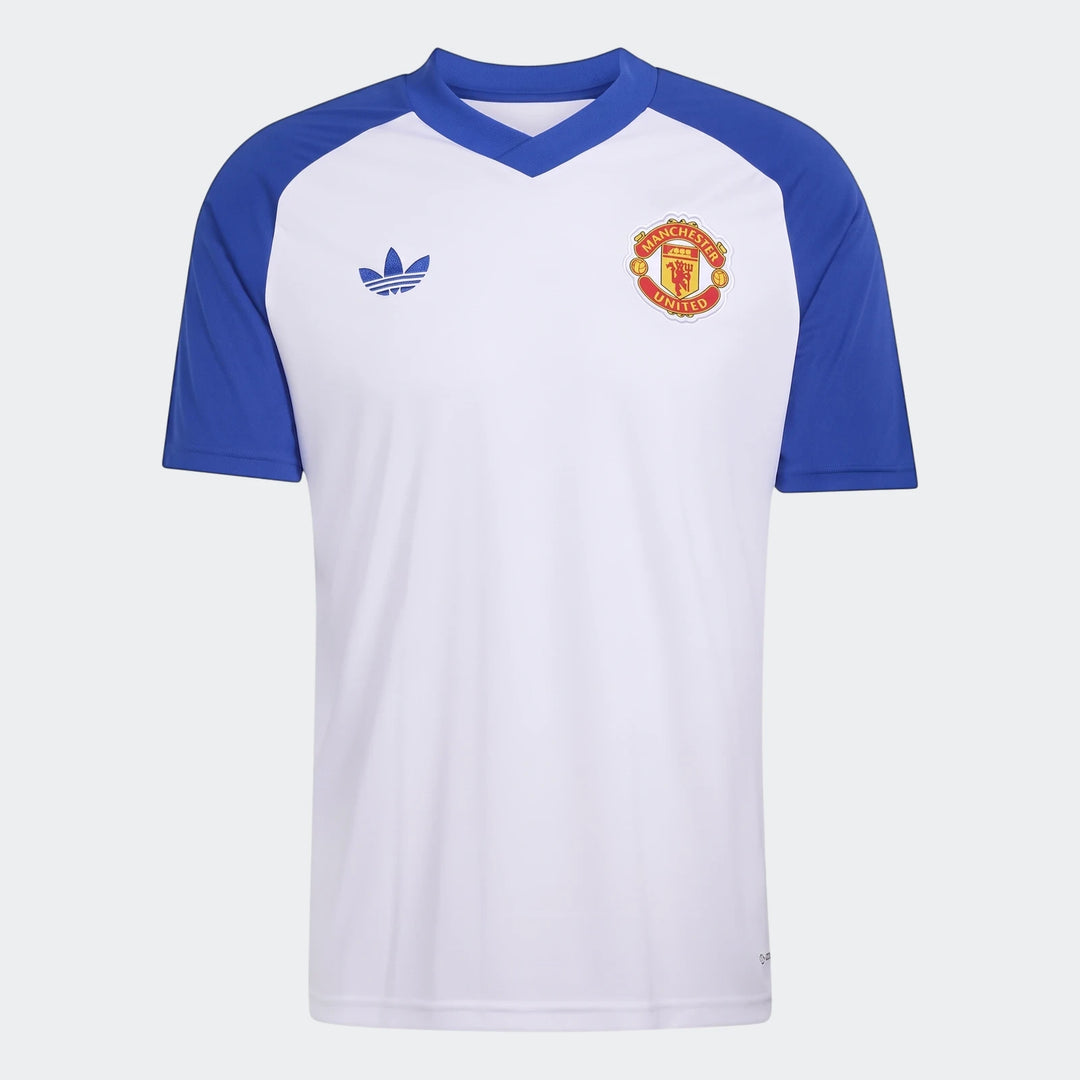 White and blue Adidas Manchester United 26/27 Pre Match Jersey with club crest and Adidas Originals logo, shown from the