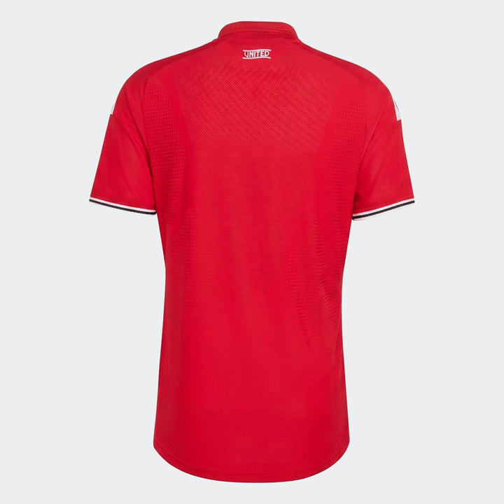 Back view of Manchester United 26/27 Authentic Home Jersey in red, short sleeve with ribbed collar and United neck detail.