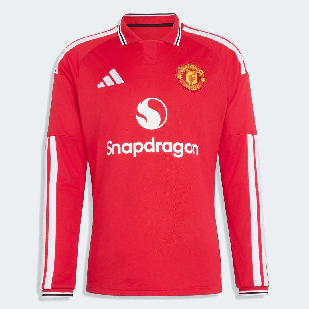 Manchester United 26/27 Authentic Long Sleeve Home Jersey in red, front view with club crest and white sleeve stripes