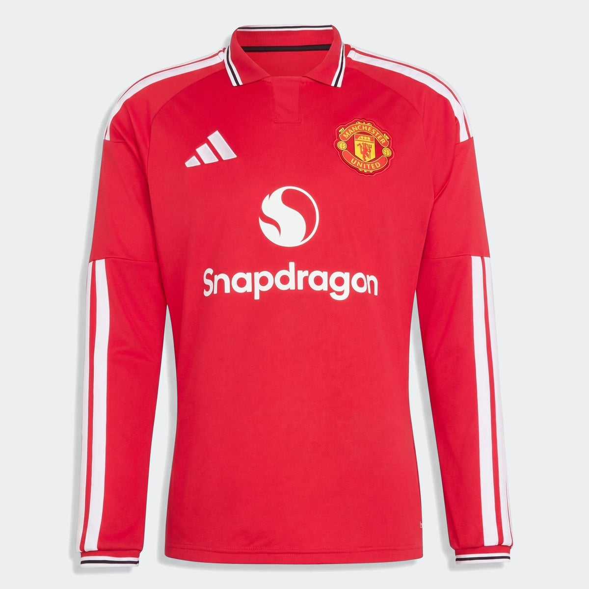Manchester United 26/27 Authentic Long Sleeve Home Jersey in red, front view with club crest and white sleeve stripes