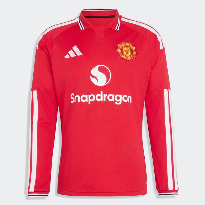 Manchester United 26/27 Authentic Long Sleeve Home Jersey in red, front view with club crest and white sleeve stripes
