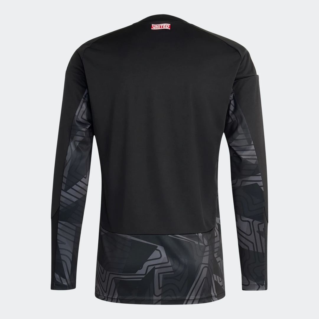 Back view of Manchester United 26/27 long sleeve goalkeeper jersey in black with dark grey patterned sleeves and hem