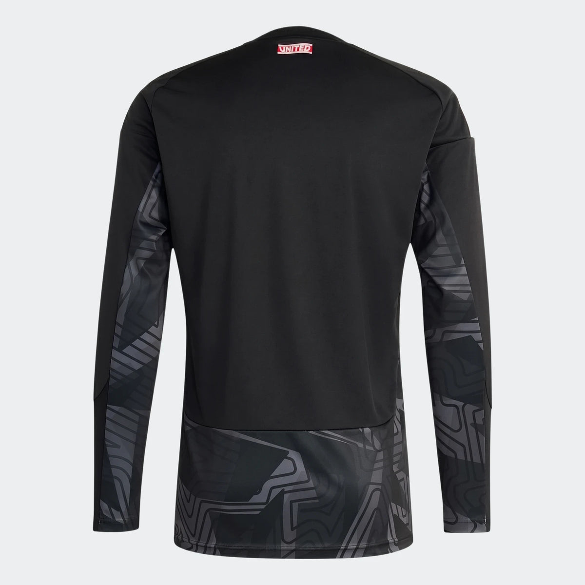 Back view of Manchester United 26/27 long sleeve goalkeeper jersey in black with dark grey patterned sleeves and hem