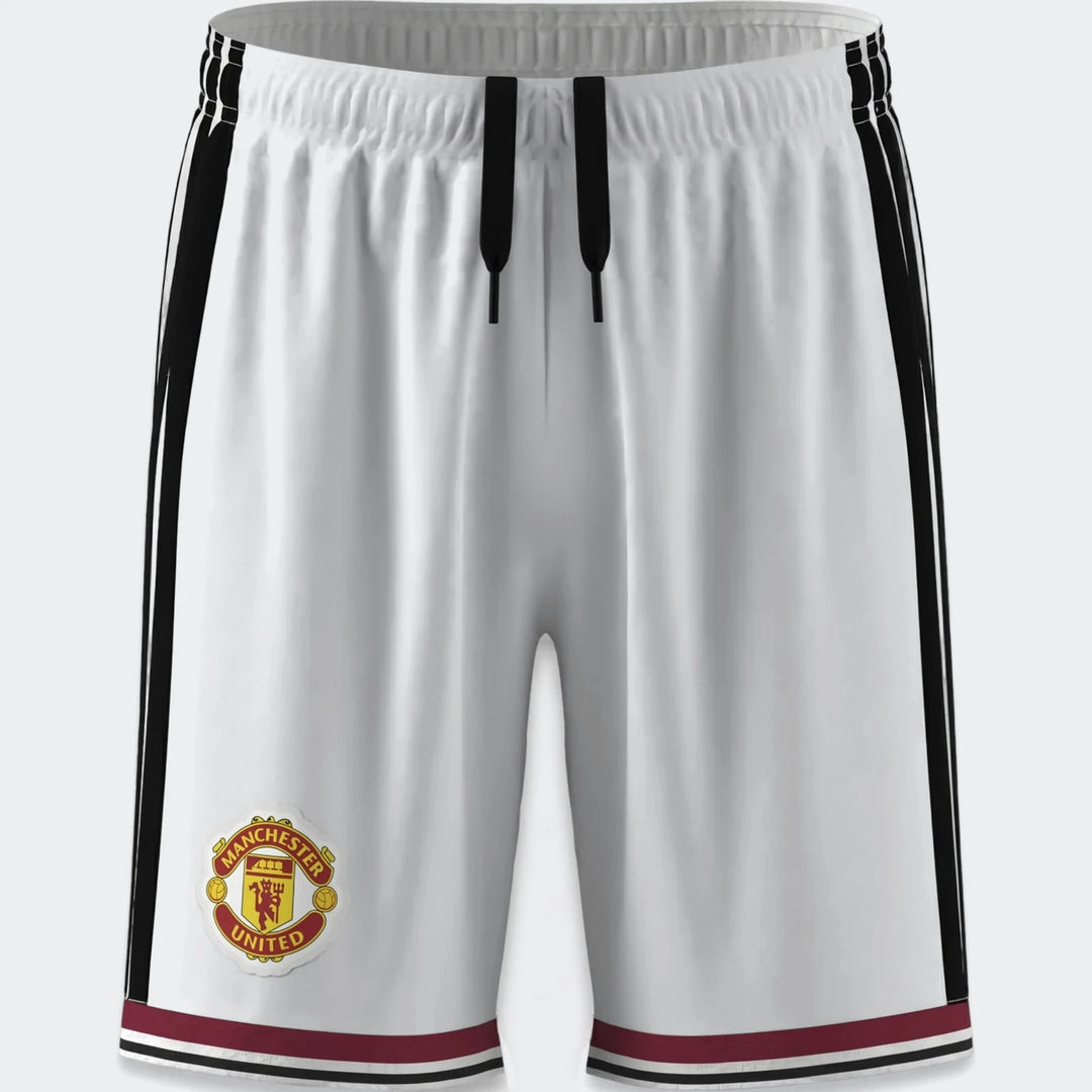 Manchester United 26/27 Home Shorts Youth in light grey with black side stripes, front view with club crest.