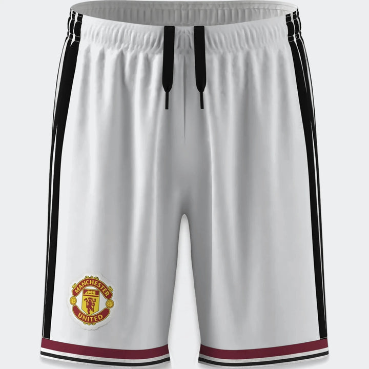 Manchester United 26/27 Home Shorts Youth in light grey with black side stripes, front view with club crest.