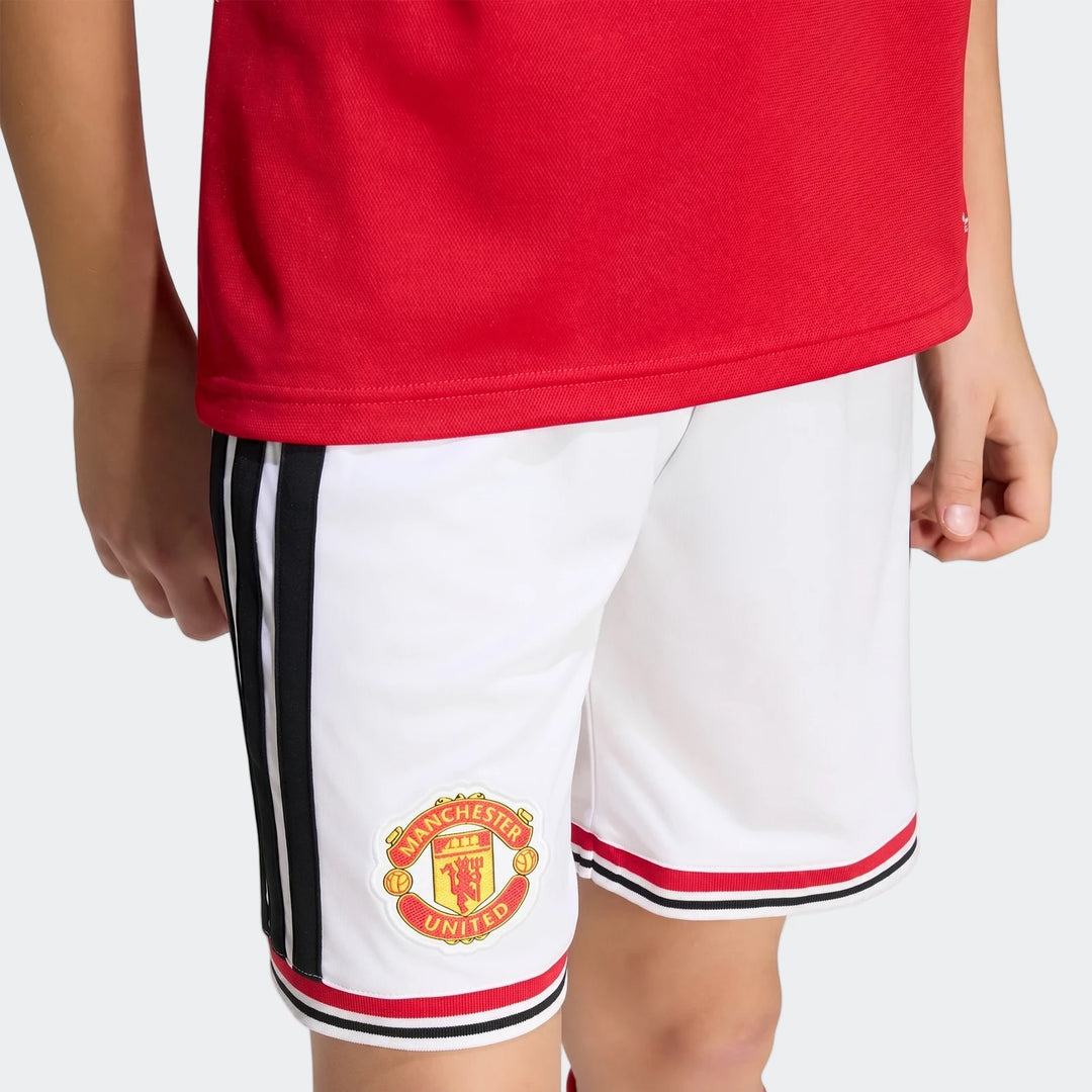 Manchester United 26/27 Home Shorts Youth in white with black side stripes and club crest, front view