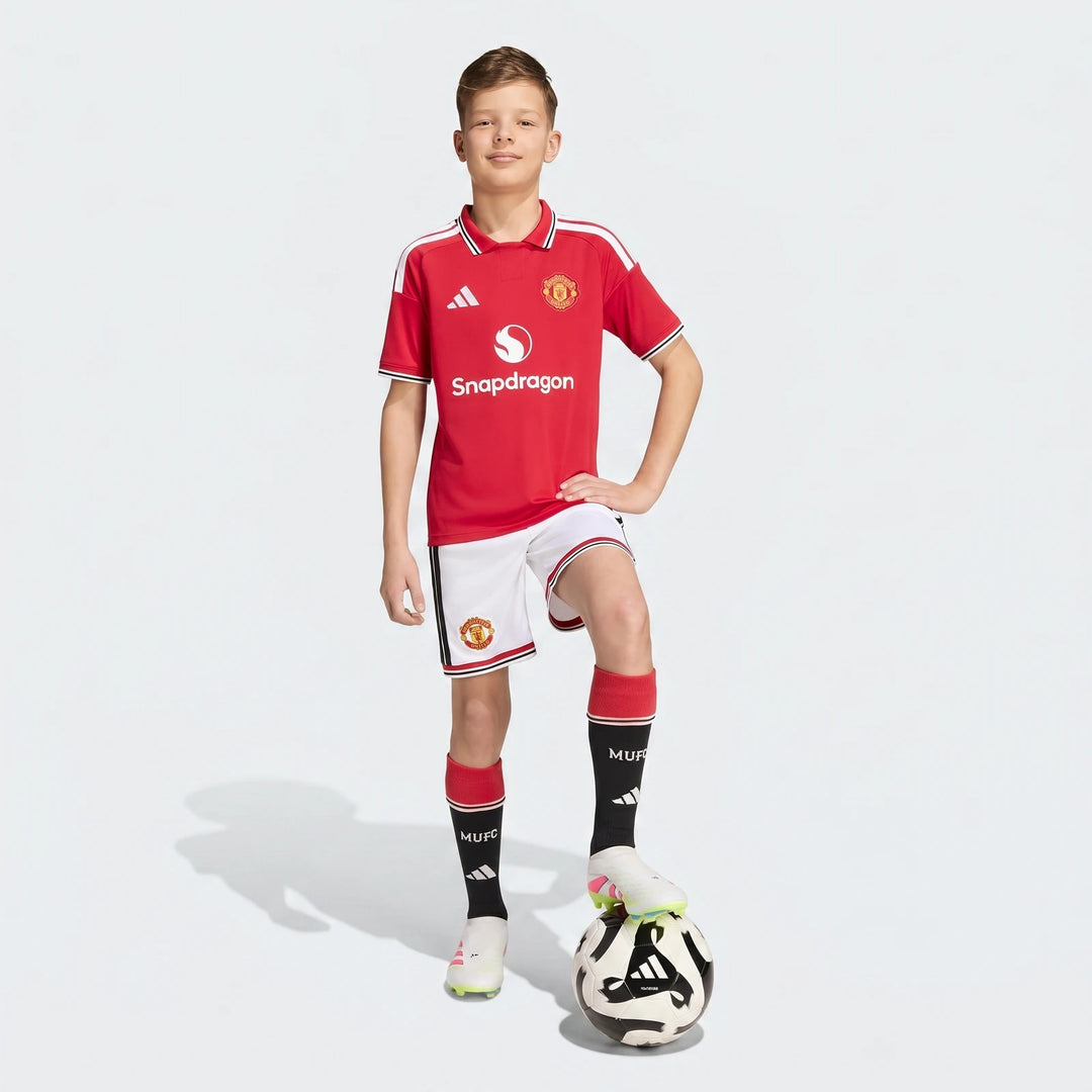 Manchester United 26/27 Home Shorts Youth in white with club crest and black side stripes, front view