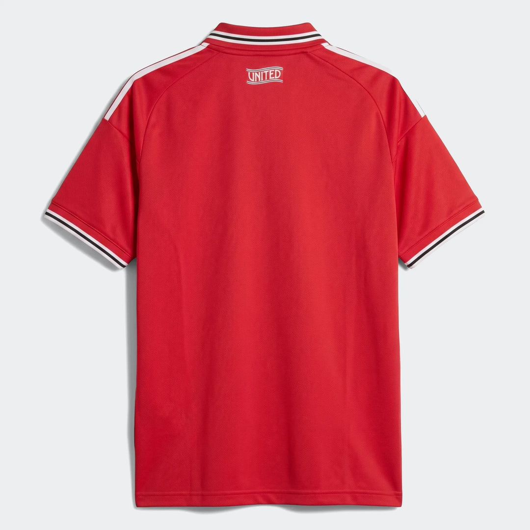 Manchester United 26/27 Home Jersey Youth, red short-sleeve shirt back view with white and black trim