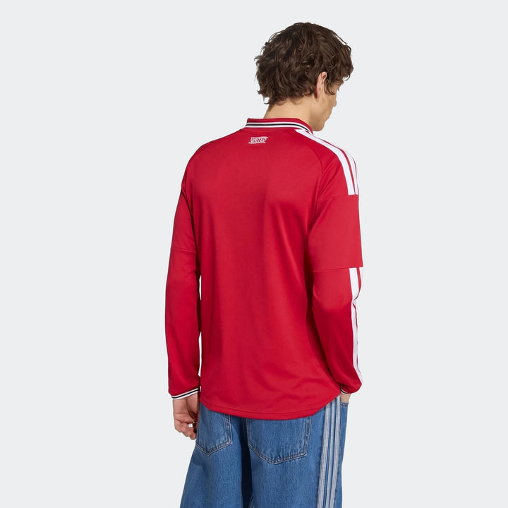 Manchester United 26/27 Long Sleeve Home Jersey in red, back view showing white shoulder stripes and rib collar