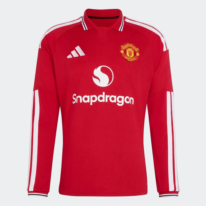 Manchester United 26/27 Long Sleeve Home Jersey in red, front view with club crest and white sleeve stripes.