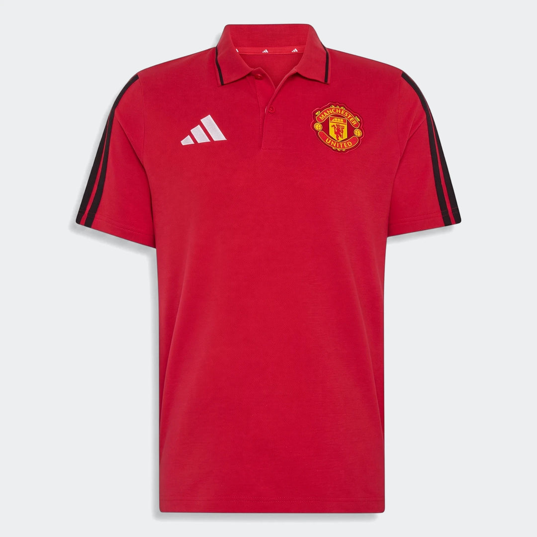 Red Adidas Manchester United DNA polo shirt for men, featuring a pique knit fabric, short sleeves, and front view.