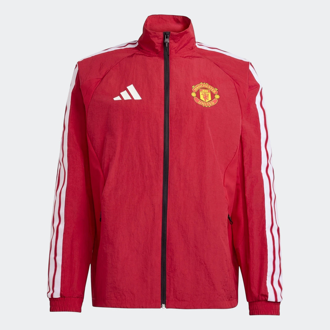 Manchester United Home Anthem Jacket in vibrant red, featuring the Adidas logo and club crest, with classic three-stripes