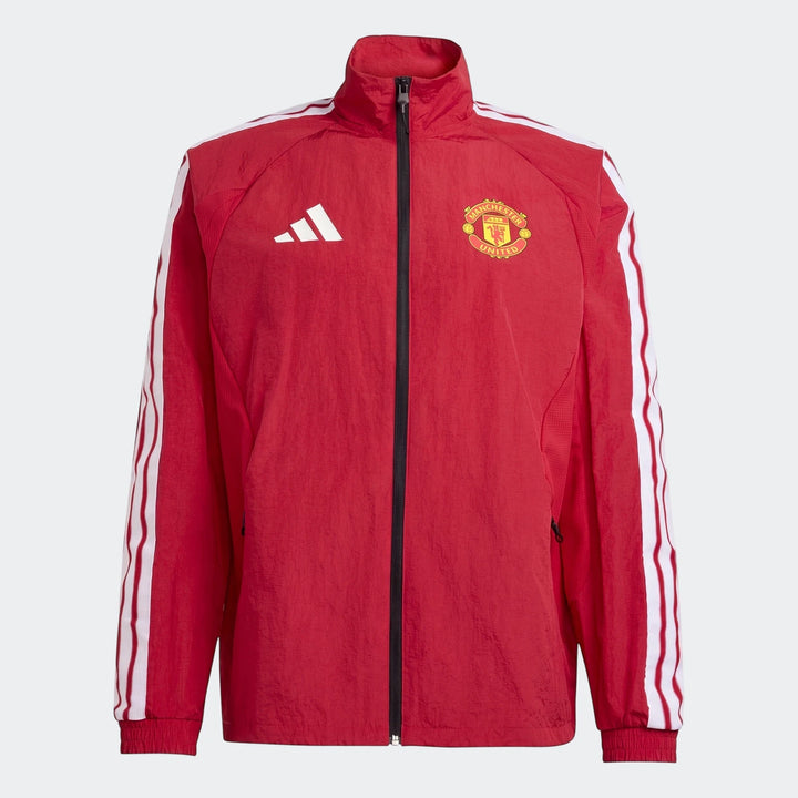 Manchester United Home Anthem Jacket in vibrant red, featuring the Adidas logo and club crest, with classic three-stripes